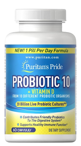 Puritan's Pride Probiotic 10 plus Vitamin D3 1000 IU 60 Kapseln mit Immunstärkung.