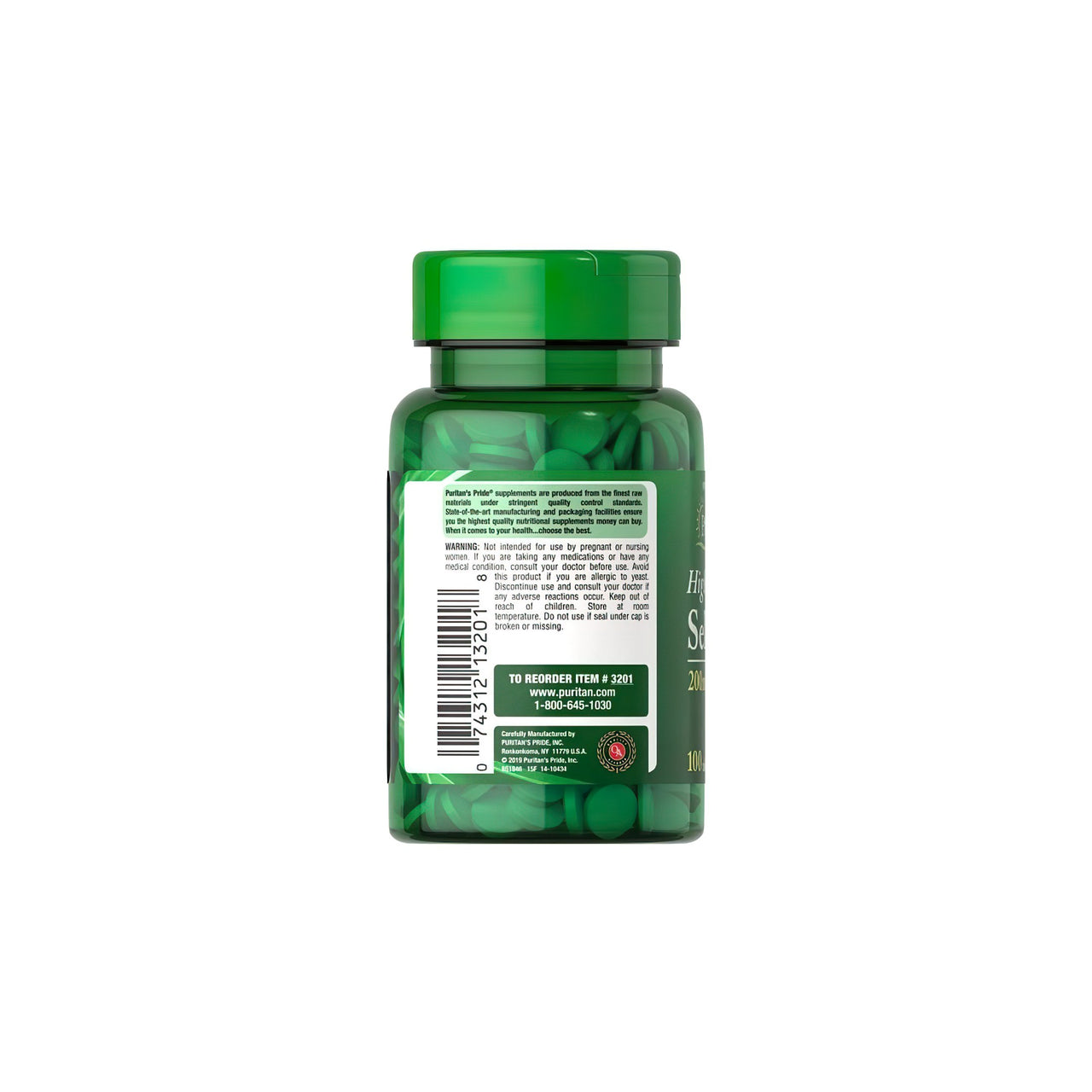 Eine Flasche Puritan's Pride Selen 200 mcg 100 Tabletten, ein Nahrungsergänzungsmittel mit grünem Tee, einem Antioxidans, auf einem weißen Hintergrund.