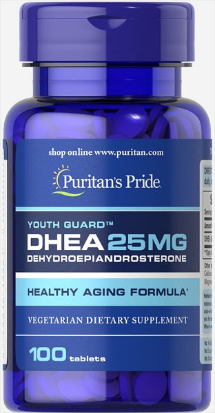 Eine Flasche Puritan's Pride DHEA - 25 mg 100 Tabletten.