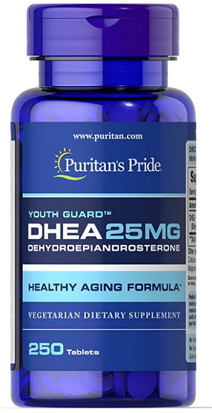 Eine Flasche Puritan's Pride DHEA - 25 mg 250 Tabletten.