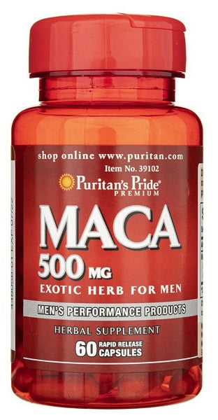 Eine Flasche Puritan's Pride Maca 500 mg 60 Rapid Release Capsules für Männer.