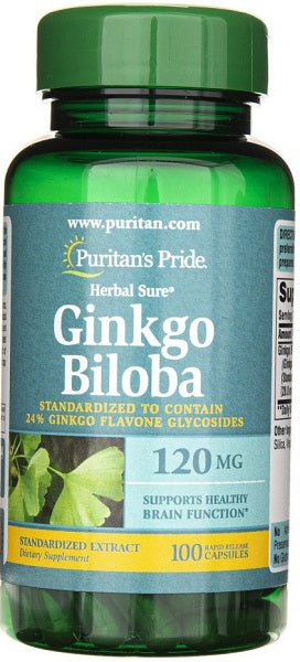 Eine Flasche Ginkgo Biloba Extrakt 24% 120 mg 100 Kapseln von Puritan's Pride.