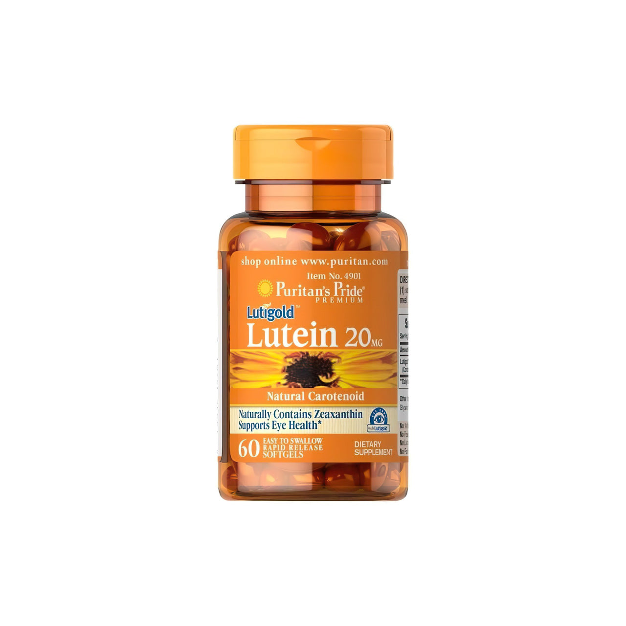 Eine Flasche Puritan's Pride Lutein 20 mg mit Zeaxanthin 60 Softgel mit einem weißen Hintergrund.