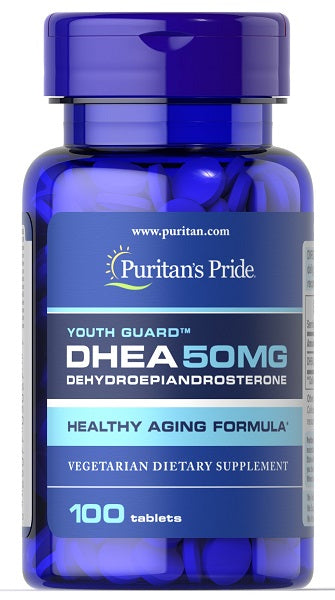 Eine Flasche Puritan's Pride DHEA - 50mg 100 Tabletten.