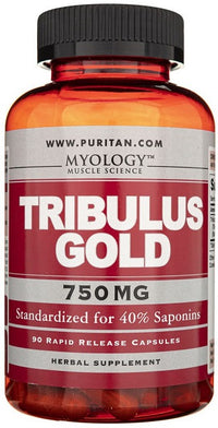 Thumbnail for A bottle of Tribulus Gold Standardized Extract 750 mg 90 Rapid Release Capsules by Puritan's Pride, known for its standardized saponins content, marketed as Tribulus Gold.