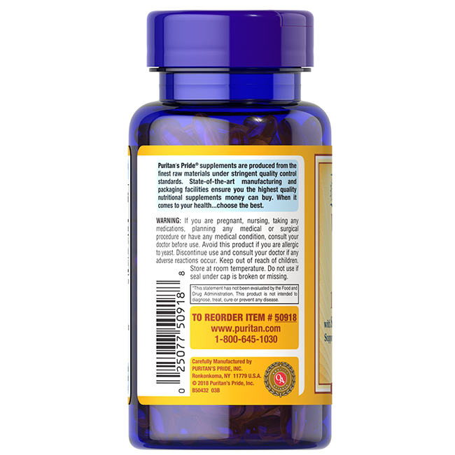 A blue bottle of Puritan's Pride Vitamin E 400 IU & Selenium 50 mcg supplements with a label displaying product information, antioxidant support details, a barcode, and a caution warning.