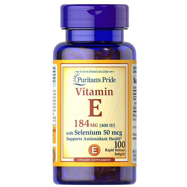 A bottle of Puritan's Pride Vitamin E 400 IU & Selenium 50 mcg contains 100 rapid release softgels, each providing antioxidant support with 184mg of Vitamin E and enhanced with 50mcg of Selenium for overall health promotion.