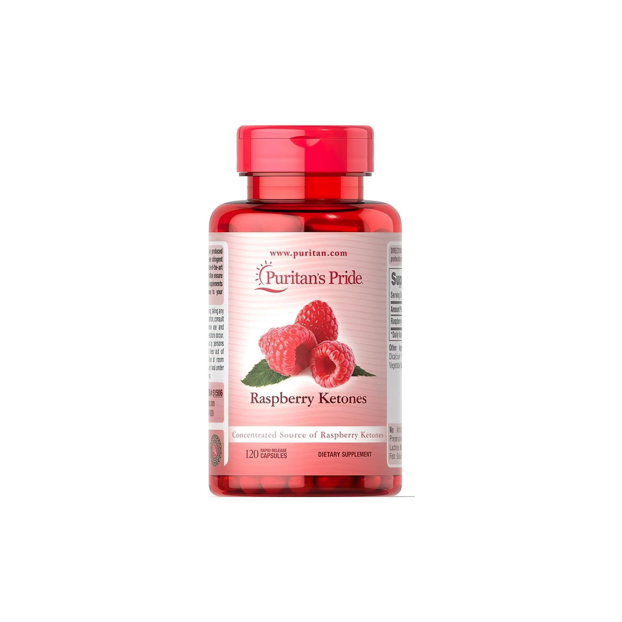 Eine Flasche der antioxidantienreichen Raspberry Ketones 100 mg 120 Rapid Realase Kapseln von der Marke Puritan's Pride.