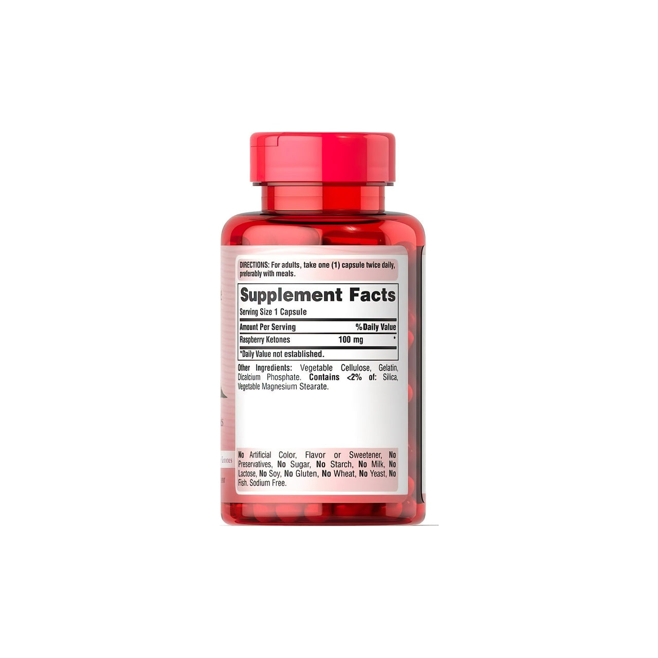 Eine Flasche Puritan's Pride Raspberry Ketones 100 mg 120 Rapid Realase Kapseln auf einem weißen Hintergrund.