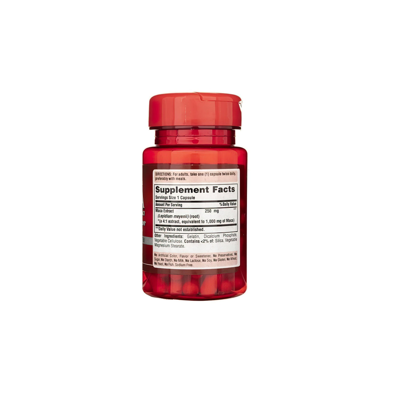 Eine Flasche Puritan's Pride Maca 1000 mg 60 Rapid Release Capsules auf einem weißen Hintergrund.