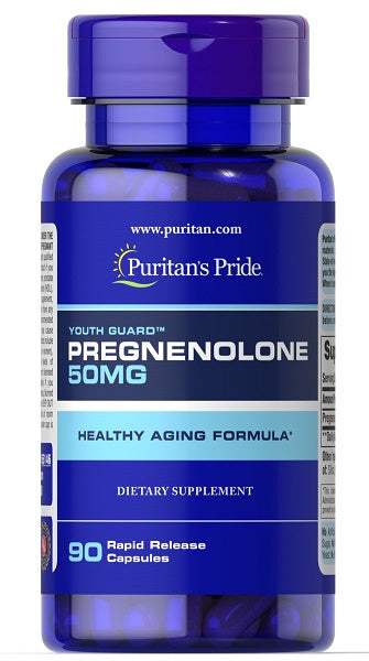 Eine Flasche Puritan's Pride Pregnenolon 50 mg 90 Kapseln mit schneller Freisetzung für eine gesunde Alterung.