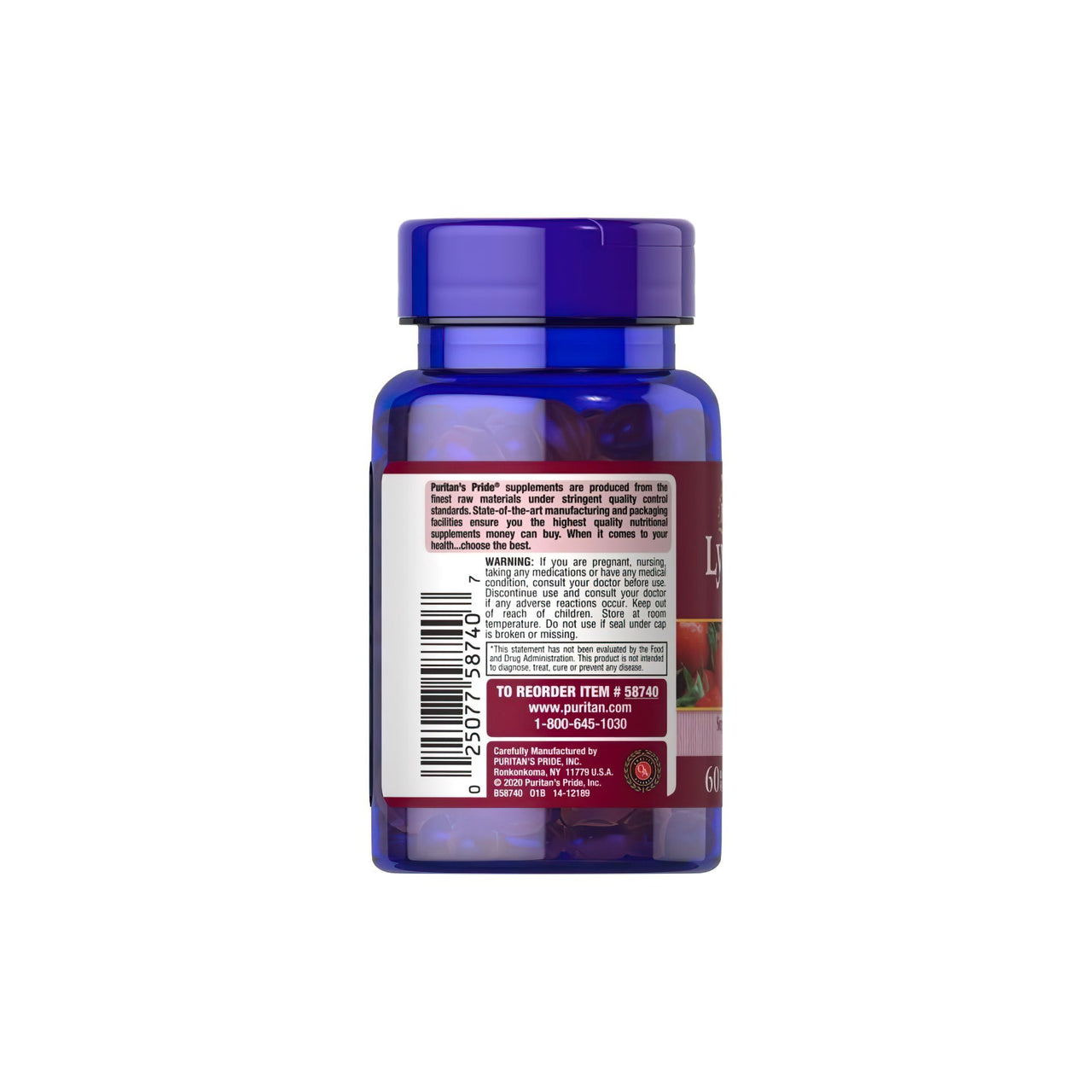 Eine Flasche Lycopin 20 mg 60 Rapid Release Softgels von Puritan's Pride auf einem weißen Hintergrund.