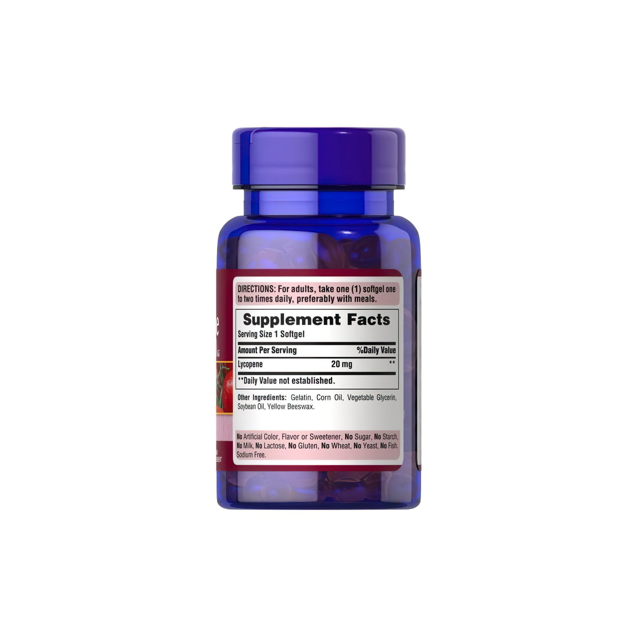 Eine Flasche Lycopin 20 mg 60 Rapid Release Softgels von Puritan's Pride auf einem weißen Hintergrund.