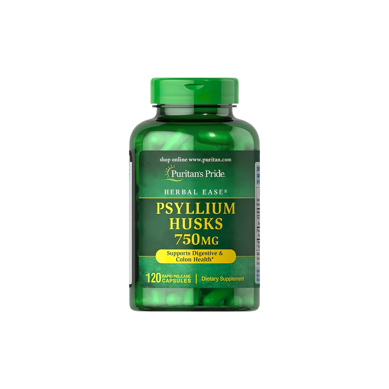 Diese Flasche Puritan's Pride Psyllium Husks 750 mg 120 Rapid Release Capsules enthält hochwertige Flohsamenschalen, die eine natürliche Entgiftung des Verdauungssystems bewirken.