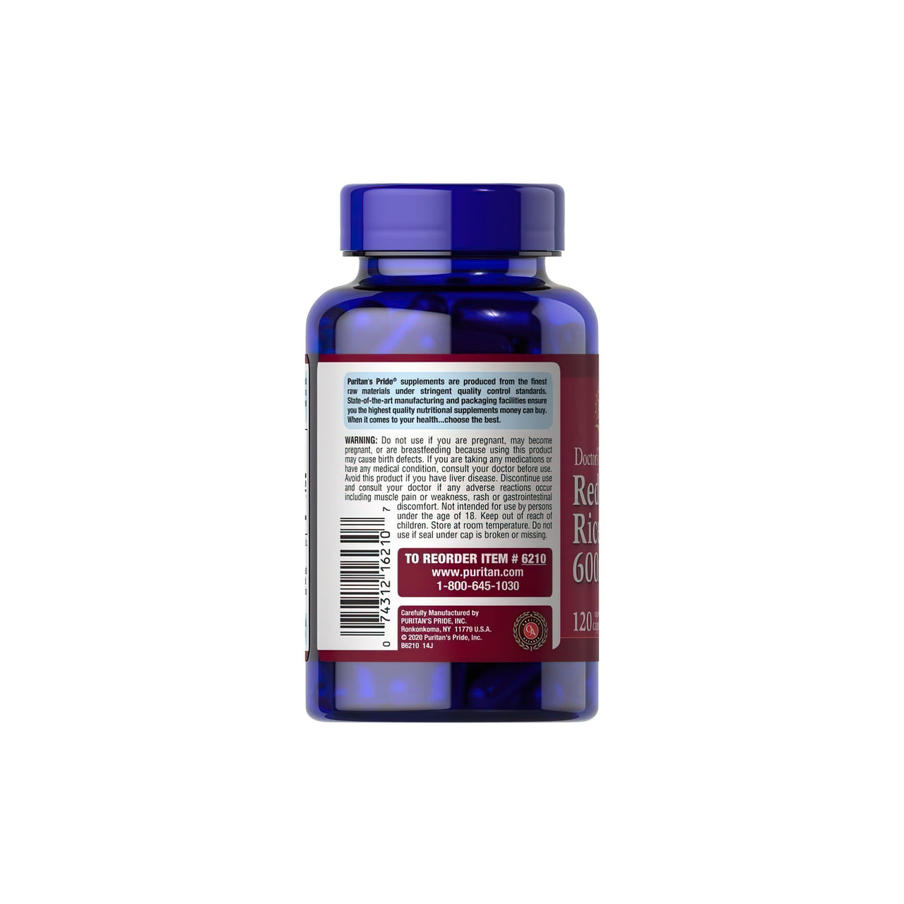 Die Rückseite einer Flasche Puritan's Pride Red Yeast Rice 600 mg 120 Kapseln fördert die kardiovaskuläre Gesundheit und einen gesunden Cholesterinspiegel mit rotem Hefereis.