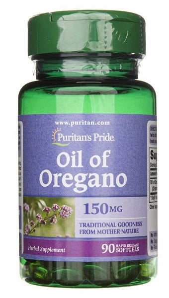 Eine Flasche Puritan's Pride Oregano-Öl 150 mg 90 Softgels mit schneller Wirkstofffreisetzung zur Stärkung des Immunsystems.