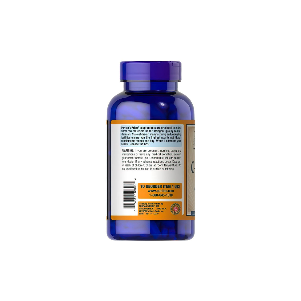 Eine Flasche Puritan's Pride Vitamin C-1000 mg mit Bioflavonoiden & Hagebutten 250 Kapseln auf einem weißen Hintergrund.
