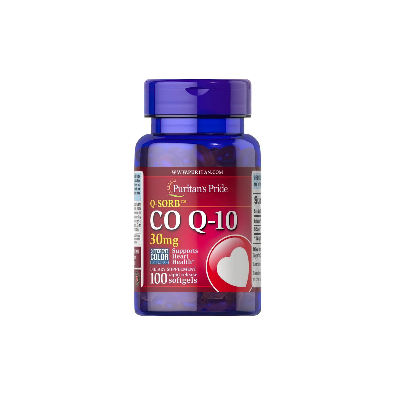 Eine Flasche Puritan's Pride Q-SORB™ Co Q-10 30 mg 100 schnell freisetzende Weichkapseln mit einem Herz darauf, das dafür bekannt ist, die Ausdauer und das Energieniveau zu steigern.
