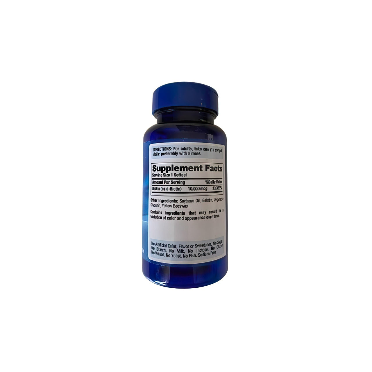 A bottle of Biotin - 10000 mcg 100 softgels, a nutrient known to boost energy levels and promote healthy hair, on a white background. (Brand Name: Puritan's Pride)