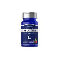 Vorschaubild für Eine Flasche PipingRock Melatonin 5 mg 200 schnell lösliche Tabletten mit Beerengeschmack.