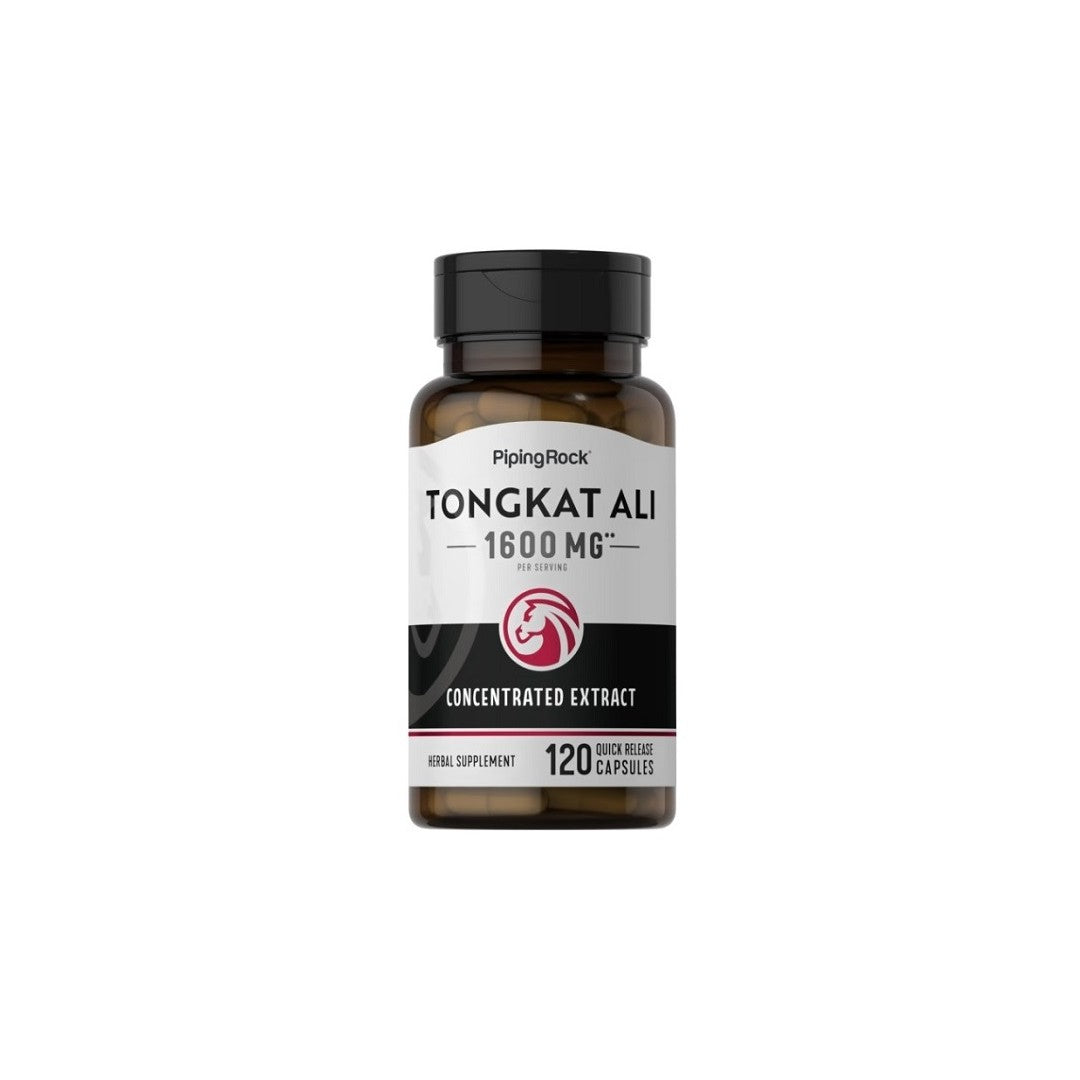 Eine Flasche Tongkat Ali Long Jack 1600 mg 120 Quick Release Kapseln, die ultimative Lösung für die Verbesserung der hormonellen Gesundheit und die Steigerung der Libido, von PipingRock.