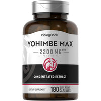 Thumbnail for A bottle of PipingRock Yohimbe Max 2200 mg 180 Quick Release Capsules, featuring Yohimbe bark extract, contains 180 quick release capsules with a concentration of 2200 mg per serving, designed to support your sexual health and well-being.