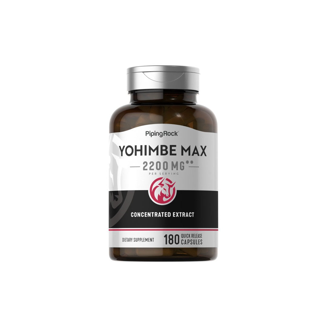 A bottle of PipingRock Yohimbe Max 2200 mg 180 Quick Release Capsules, offering effective sexual health support.