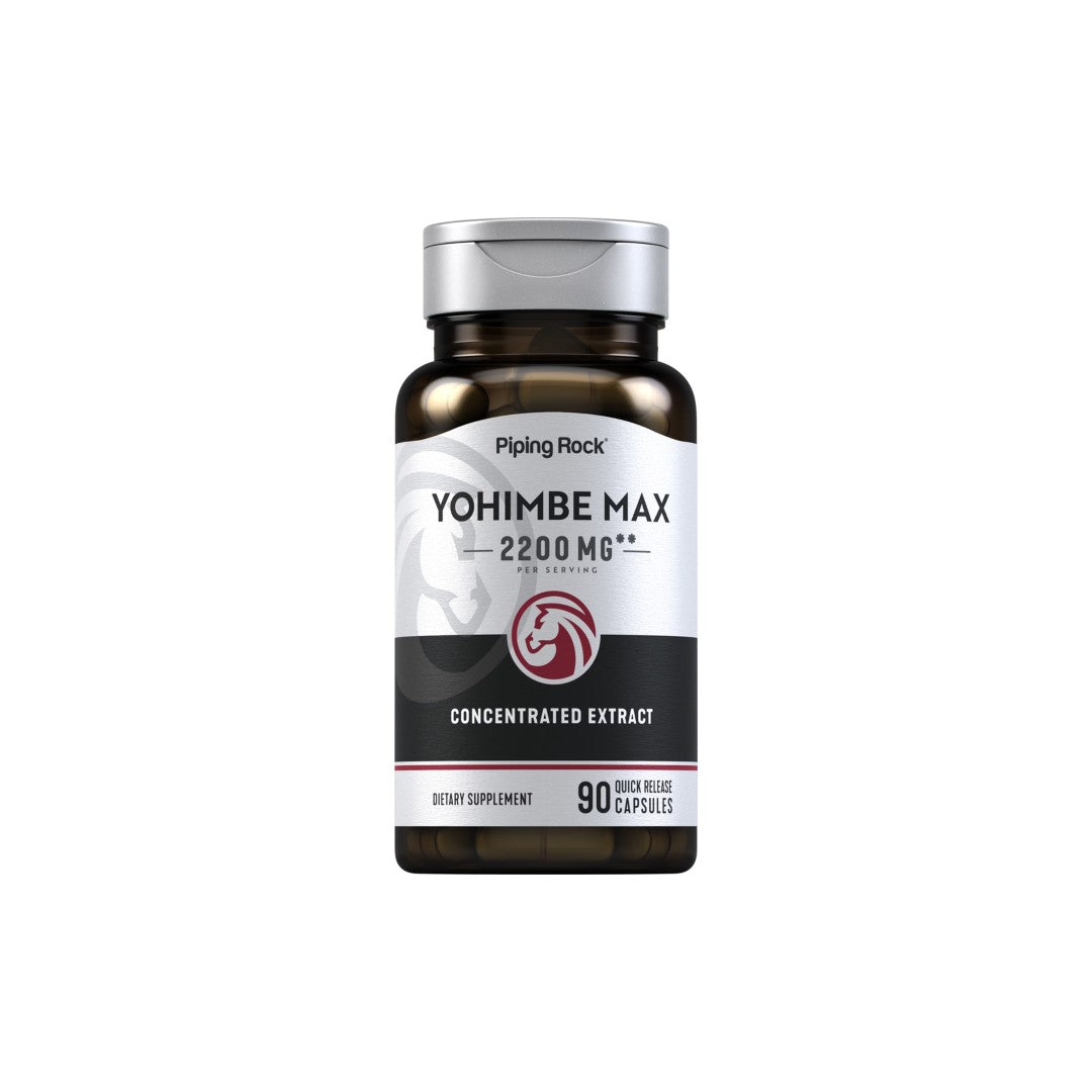 A bottle of PipingRock Yohimbe max 2200 mg 90 Quick Release Capsules, formulated for sexual health support and weight loss assistance, contains 90 quick release capsules with 2200 mg of concentrated Yohimbe bark extract.