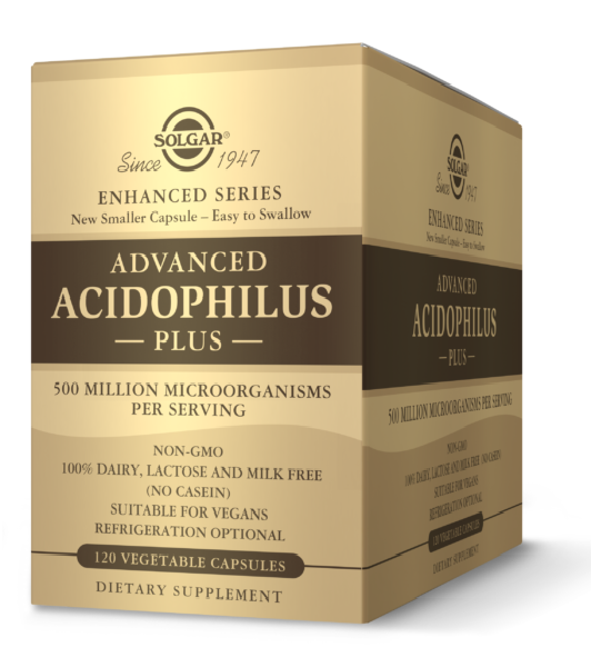 Eine Schachtel Solgar Advanced Acidophilus Plus 120 Veggie-Kapseln.