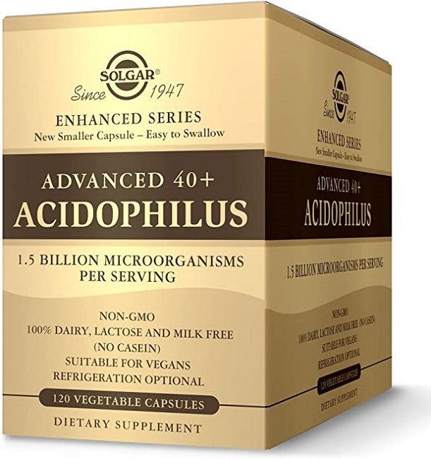 Eine Schachtel Solgar Advanced 40+ Acidophilus 120 pflanzliche Kapseln.
