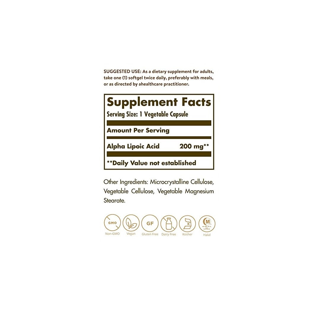 Ein Etikett mit den Inhaltsstoffen des Nahrungsergänzungsmittels Solgar Alpha-Liponsäure 200 mg 50 pflanzliche Kapseln.