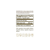 Vorschaubild für Ein Etikett mit den Inhaltsstoffen des Nahrungsergänzungsmittels Solgar Alpha-Liponsäure 200 mg 50 pflanzliche Kapseln.
