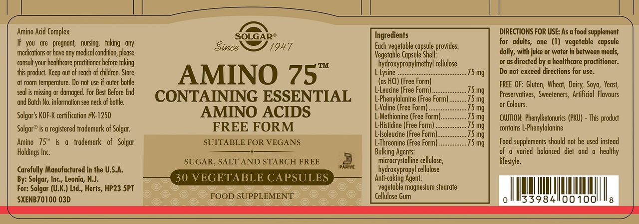 The label for Solgar Amino 75, which showcases 30 vegetable capsules, prominently highlights essential amino acids. It includes ingredient details, usage directions, and confirms its suitability for vegans to support muscle regeneration with a brown and beige design.