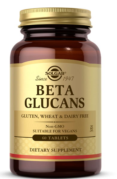 Eine Flasche Solgar Beta-Glucane, ein Nahrungsergänzungsmittel.