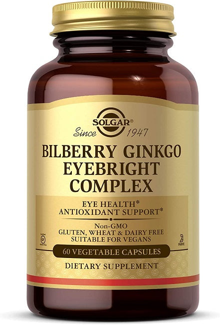 Ein Nahrungsergänzungsmittel Flasche mit 60 pflanzlichen Kapseln von Bilberry Ginkgo Eyebright Complex Plus Lutein von Solgar.