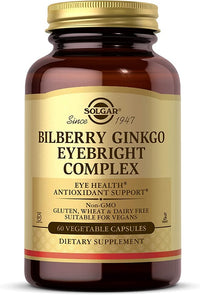 Vorschaubild für Ein Nahrungsergänzungsmittel Flasche mit 60 pflanzlichen Kapseln von Bilberry Ginkgo Eyebright Complex Plus Lutein von Solgar.