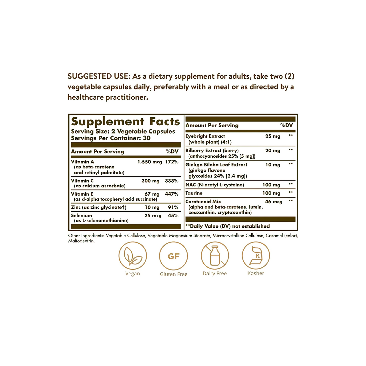 Ein Etikett mit den Inhaltsstoffen des Nahrungsergänzungsmittels "Bilberry Ginkgo Eyebright Complex Plus Lutein" von Solgar in 60 pflanzlichen Kapseln.
