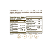 Vorschaubild für Ein Etikett mit den Inhaltsstoffen des Nahrungsergänzungsmittels Bilberry Ginkgo Eyebright Complex Plus Lutein von Solgar in 60 Gemüsekapseln.