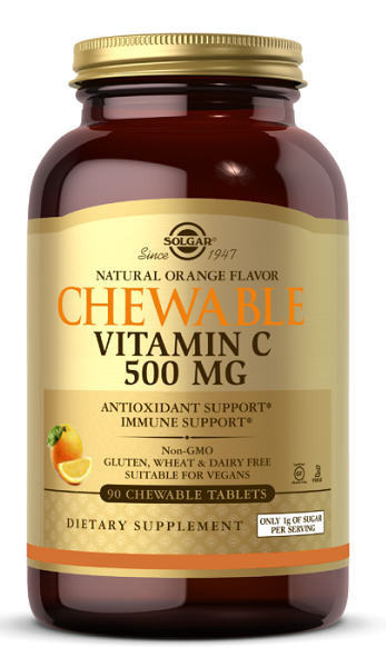 Solgar Chewable Vitamin C 500 mg tablets orange flavor.
