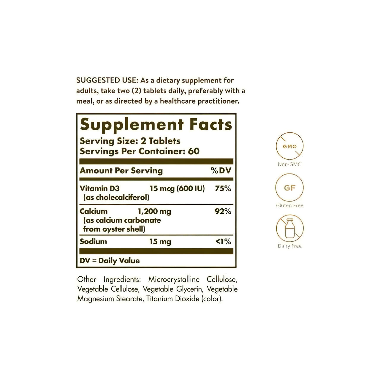 Ein Etikett für Solgar Calcium "600" 120 Tabletten (aus Austernschalen mit Vitamin D3) Ergänzung mit einer Liste der Inhaltsstoffe.