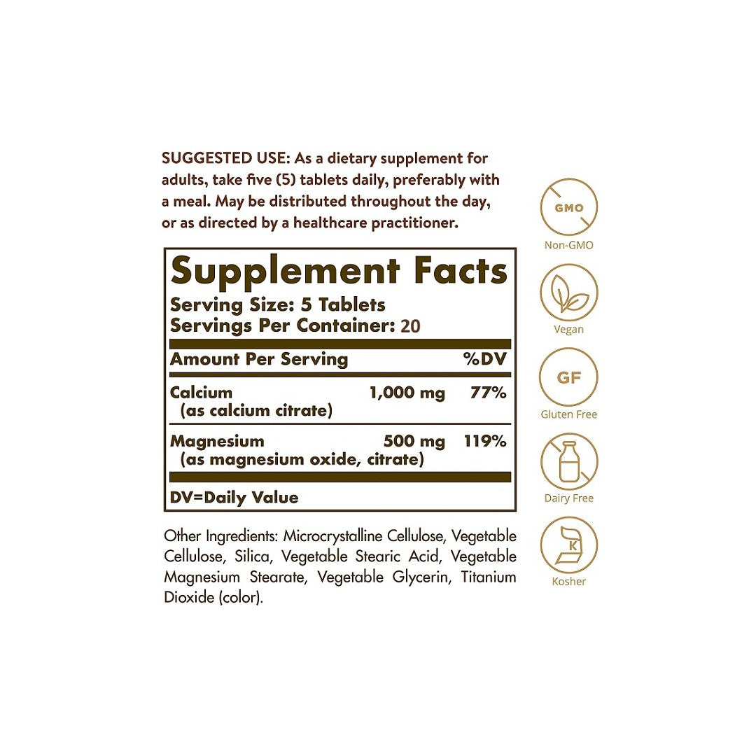Ein Etikett mit den Inhaltsstoffen des Nahrungsergänzungsmittels Solgar Calcium-Magnesium-Citrat 100 Tabletten.