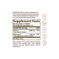 Vorschaubild für Ein Etikett mit den Inhaltsstoffen von Solgar Calcium-Magnesium-Citrat 100 Tabletten Nahrungsergänzungsmittel.