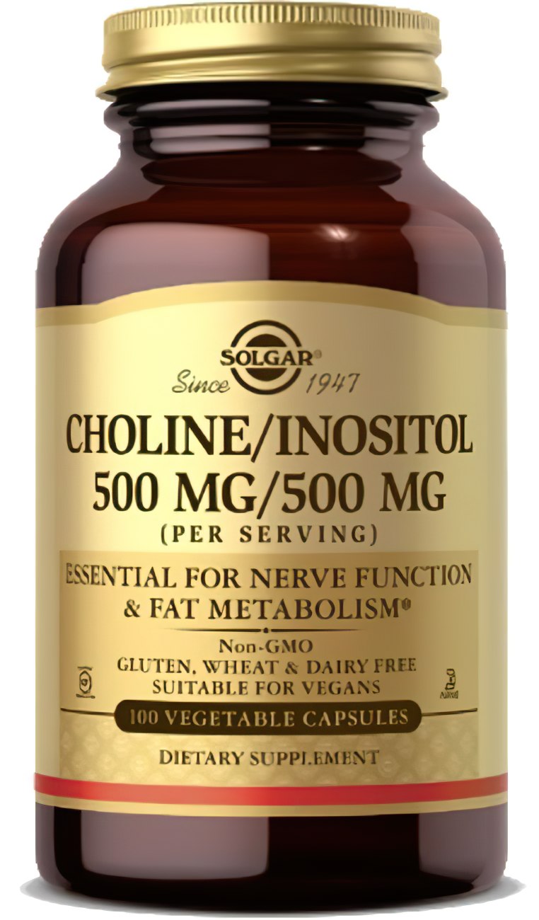 Eine Flasche Solgar Cholin 500 mg Inositol 500 mg 100 pflanzliche Kapseln.