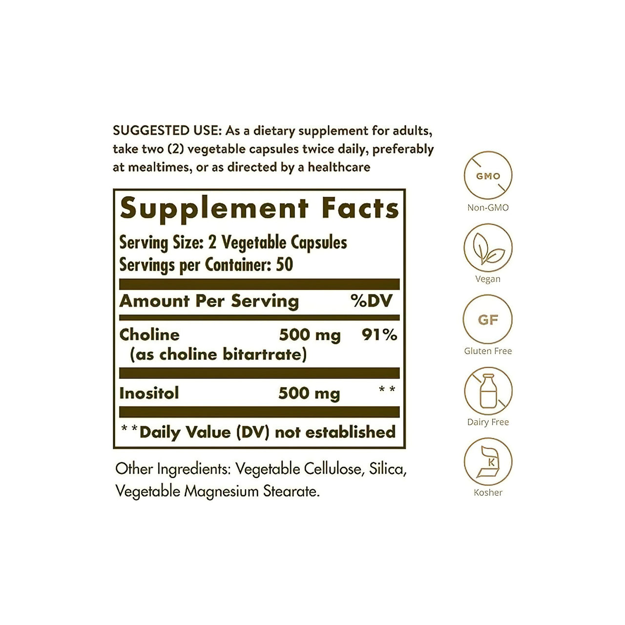 Ein Etikett mit den Inhaltsstoffen des Nahrungsergänzungsmittels Solgar's Choline 500 mg Inositol 500 mg 100 Vegetable Capsules.