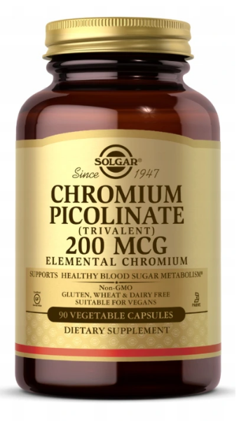 Eine Solgar braune Flasche mit goldenem Etikett enthält Chrompicolinat 200 mcg 90 pflanzliche Kapseln.