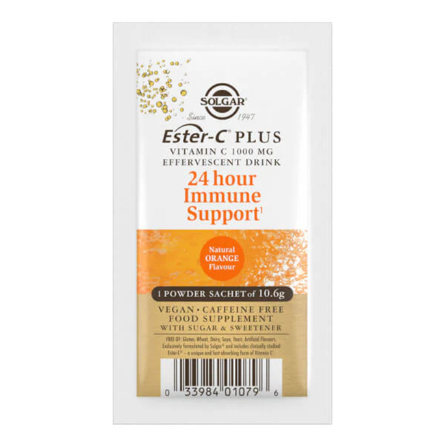 Box of Solgar Ester-C Plus Vitamin C, containing 21 powder sachets of 10.6 g each, labeled "24 Hour Immune Support," with added B vitamins in a refreshing orange flavor, vegan and caffeine-free.