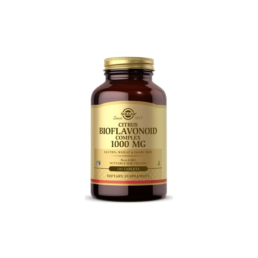 Eine Flasche Solgar Citrus Bioflavonoid Complex 1000 mg Tabletten auf einem weißen Hintergrund.