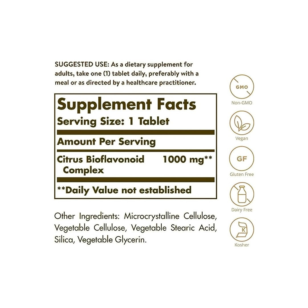 Ein Etikett mit den Inhaltsstoffen des Nahrungsergänzungsmittels Solgar's Citrus Bioflavonoid Complex 1000 mg Tabletten.
