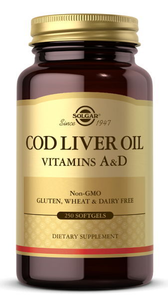 Eine Flasche Solgar Cod Liver Oil Sftgels Vitamin A & D 250 softgel und hinzufügen.
