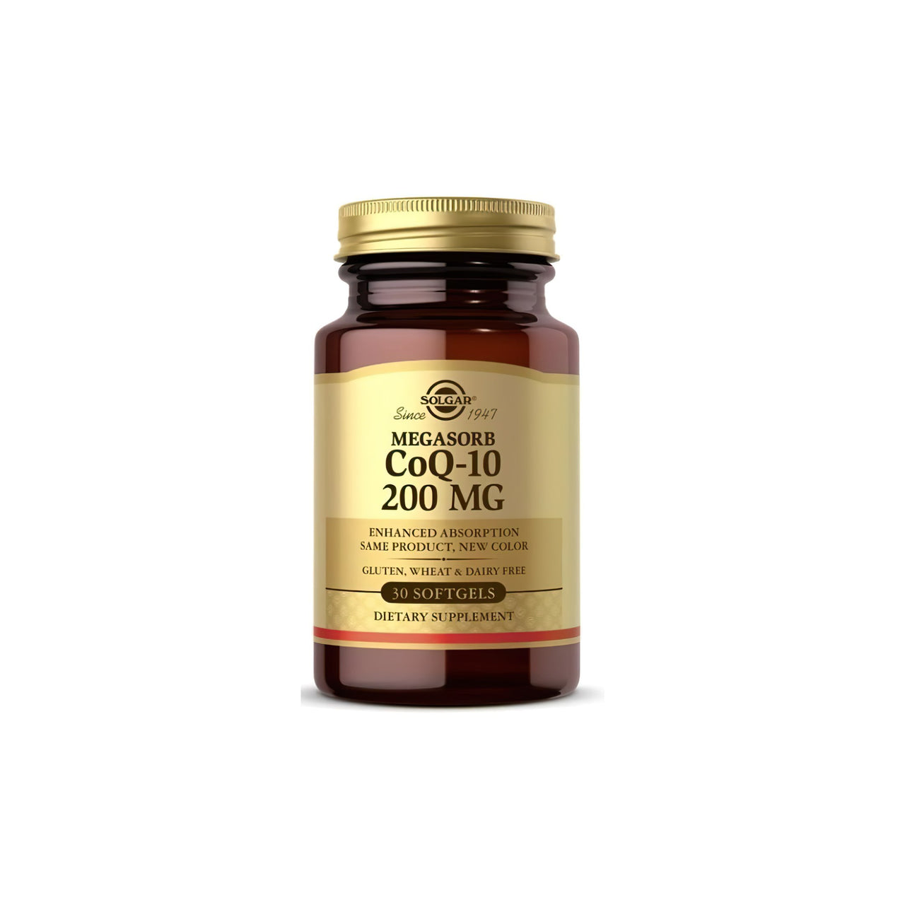 Eine Flasche Solgar Megasorb CoQ-10 200 mg 30 Weichkapseln auf einem weißen Hintergrund.